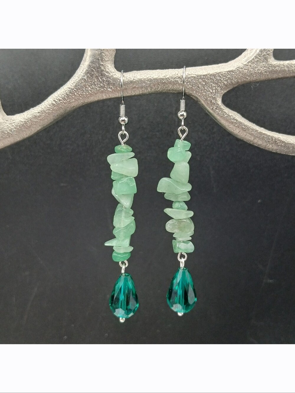 Handmade Aventurine Semi-Precious Stone Glass Teardrop Bead Dangled Earrings